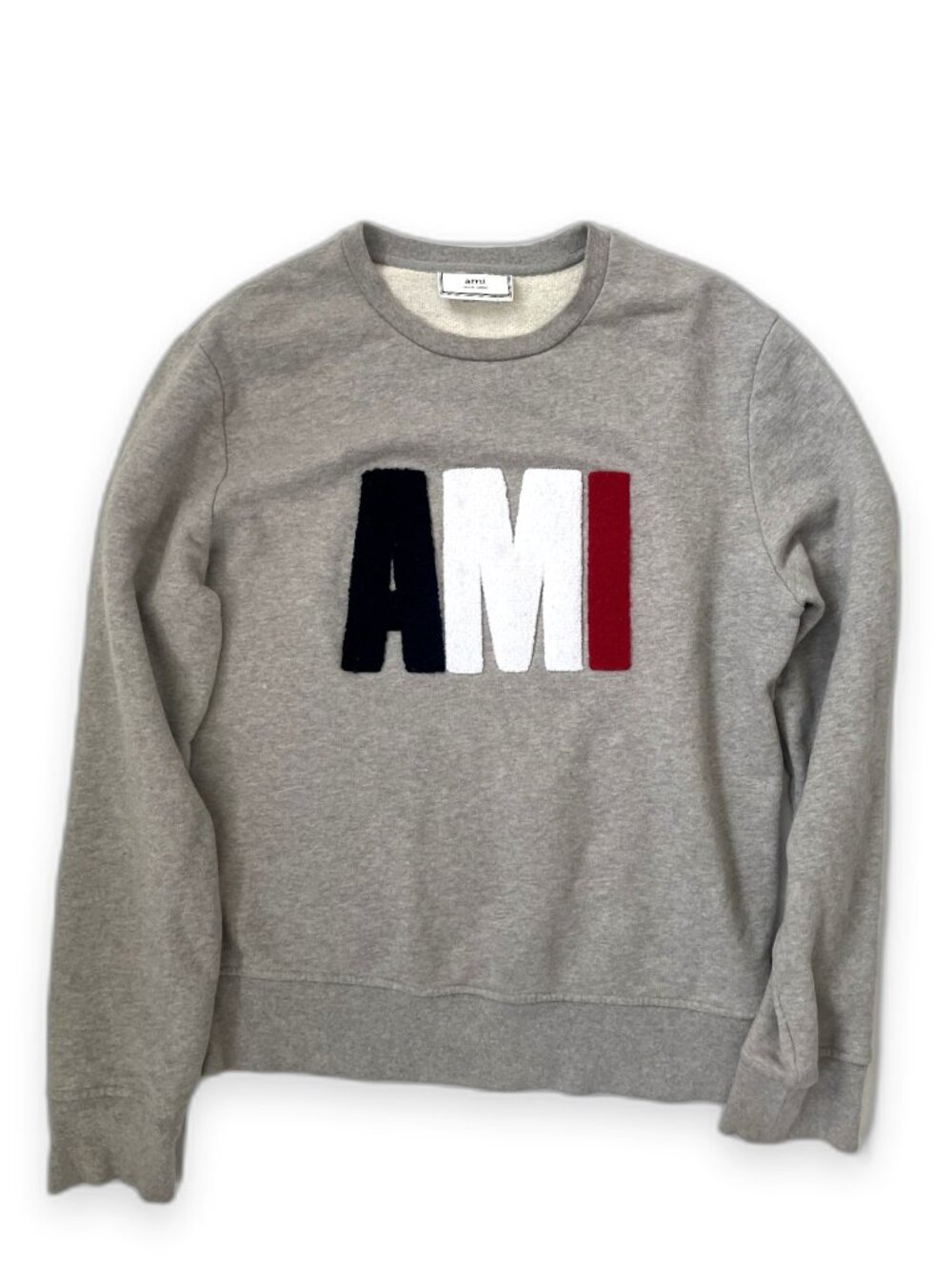AMI Alexandre Mattiussi Tricolor Logo Crewneck Sweatshirt Heather Grey Medium M